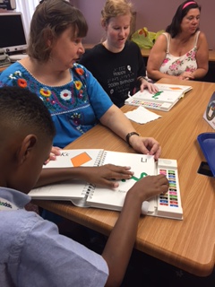 Students & teachers reading Seedlings Braille books at BELL 2017